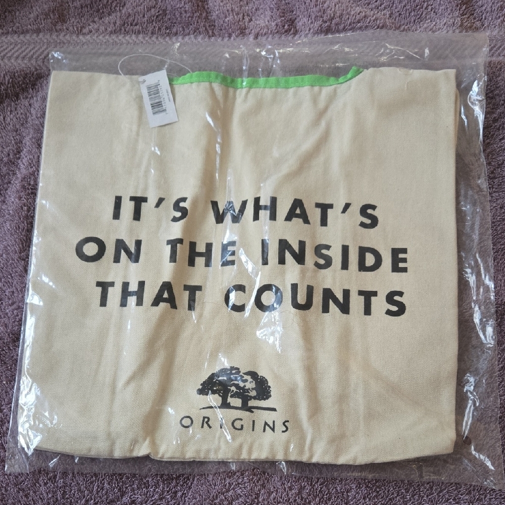Origins Tan Tote with Black Text and Green Trim